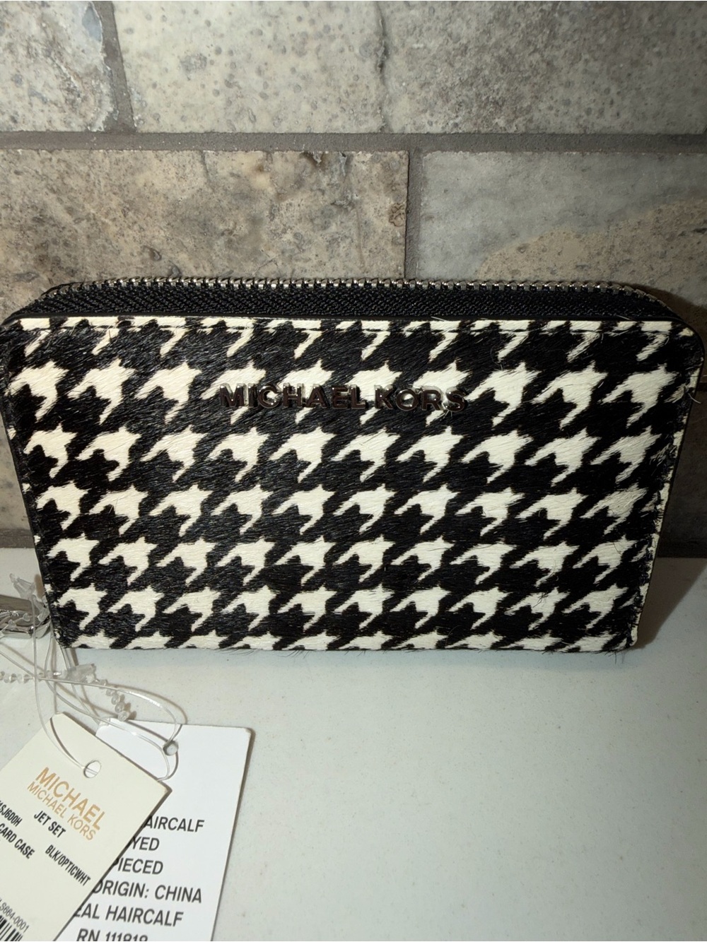 Michael Kors Black & White Haircalf Houndstooth Zip-Around Wallet